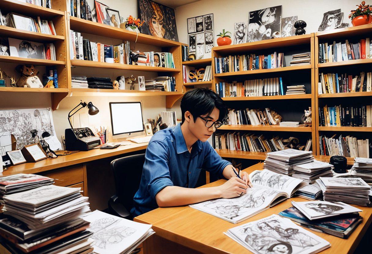 A captivating scene featuring a stylish manga artist at work, surrounded by vibrant sketches of diverse characters from hentai anime, highlighting their unique traits. In the background, soft focus on shelves filled with manga books, hints of intimate artwork on the walls, creating a cozy, mature atmosphere. Emphasize the playful and artistic nature while ensuring a respectful representation of the genre. vibrant colors. super-realistic.